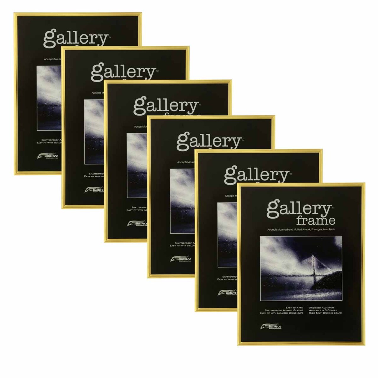 Ambiance Gallery Aluminum Picture Frame, 5"×7" Gold, Pack of 6, Includes Shatterproof Glazing and Spring Loaded Backerboard - Easy to Frame